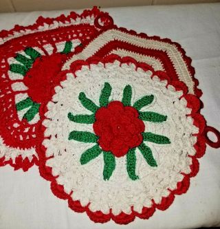 Three Handmade Crochet Hot Pad / Trivet /potholders Antique White,  Red,  Green