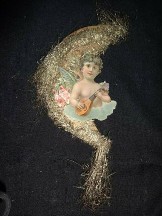 Antique Victorian Angel & Moon Embossed Die Cut Scrap Tinsel Christmas Ornament
