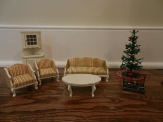 Vtg Lundby Doll House Christmas Tree,  Couch,  Chairs,  Hutch,  Record Player,  Lamp