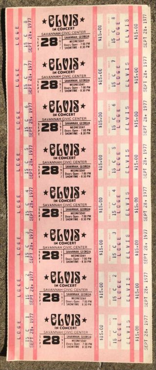 Rare 1977 Elvis Presley Savannah,  Ga Concert Ticket Uncut Sheet