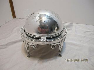 Antique Silver Plated Globe Shaped Butter Dish Made England Pedestal Roll Top