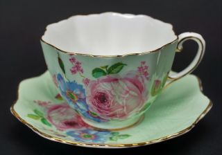 Green Paragon Porcelain Pink Roses Tea Cup And Saucer Set - Rare
