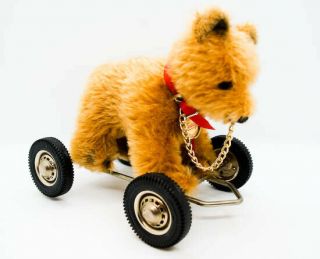 Vintage Germany Hermann Mohair Teddy Bear On Wheels Pull Toy