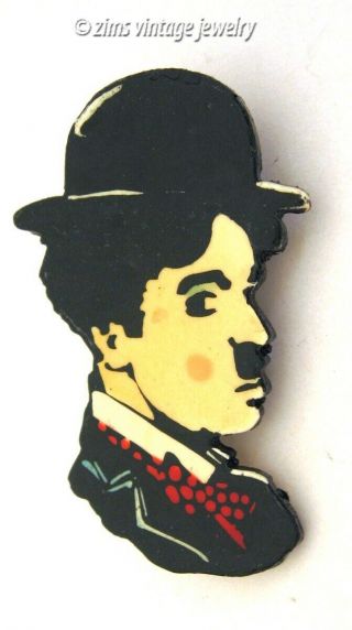 Vintage Rare Bubbles Signed Charlie Chaplin Enamel Plastic Figural Pin Brooch