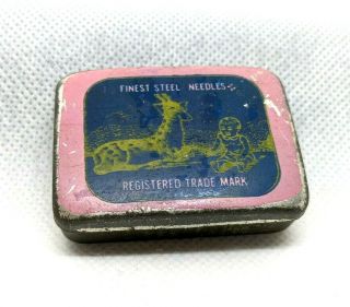 Vintage Finest Steel Needles Tin Giraffe Baby On Blue W/ Pink No Brand Old Rare?