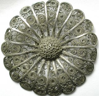 Lg Sz Antique Silver Button With Fabulous Filigree Flower Design - 1& 5/8