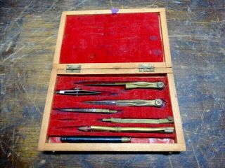 Vintage Antique Drafting Pencil Compass Set Kit In Wooden Box - France