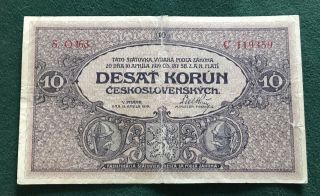 Czechoslovakia 1919 Issue 10 Korun Banknote Rare.  Pick 8a.