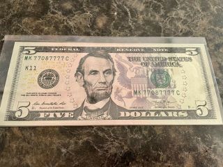 Very Rare 2013 $5 Bill Unc Fancy Serial Number:: 6 - 7s: 4 Trailing 7s: Lucky 7