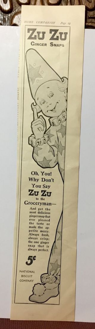1909 Zu Zu Ginger Snaps - National Biscuit Co.  - Very Very Rare.  B & W 3 X 15 Ad.
