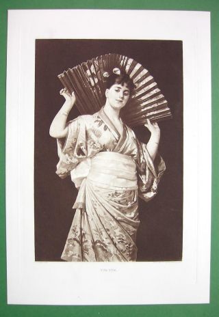 Japanese Girl In Kimono Holding Huge Fan - Victorian Era Antique Print