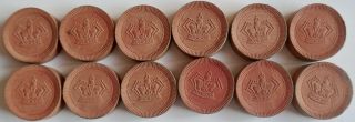 Antique WOODEN CROWN & ROSSETTE CHECKER SET 12 FADED RED/PINK & 12 BLACK c.  1900 3