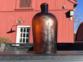 Antique Strap Sided Amber Whiskey Flask Bottle Privy Dug