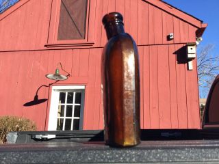 Antique Strap Sided Amber Whiskey Flask Bottle Privy Dug 2