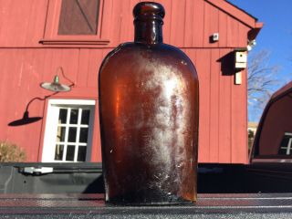 Antique Strap Sided Amber Whiskey Flask Bottle Privy Dug 3