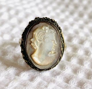 Antique Victorian Ml 800 Silver Mother Of Pearl Lady Cameo Ring Size 6.  5