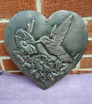 Vintage Antique Cast Iron Hummingbird Heart Wall Decor Plaque Vintage Metal Art