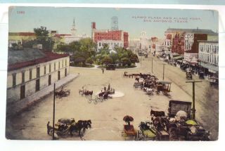 Antique Postcard Of Alamo Plaza In San Antonio Texas Cafe Bismarck & Cigar Sign