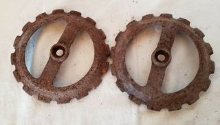 Antique Pair Cast Iron Planter Seed Plates Gear Ring Rusty Farm Tool Yard Art