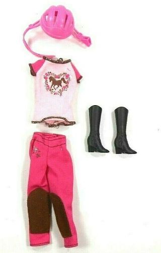 Barbie Vintage Hot Pink Riding Pants Horse Print Top Black Boots & Helmet