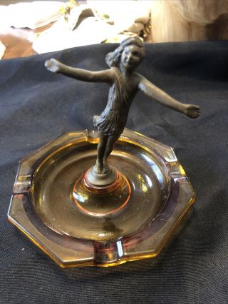 Art Deco Bronze Tone Figural Glass Ashtray Dish