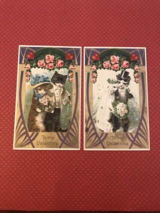2 Antique 1909 Valentine Postcard Cats Dressed In Fancy Wedding Clothes Embossed