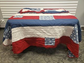 Pottery Barn Rustic Stars Stripes American Flag Reversible Quilt Full Queen Rare