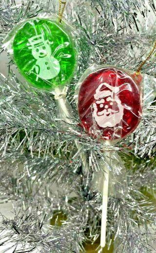 Rare Vintage Plastic Santa And Snowman Lollipops Christmas Ornaments