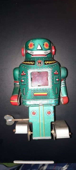 Vtg Rare Noguchi Japan Wind Up Mechanical Mighty Sparking Robot Tin Toy