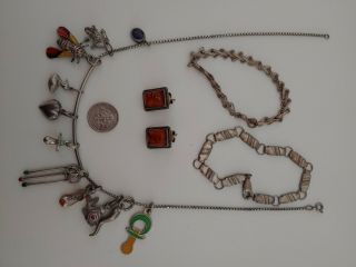 Vintage Silver Charm Necklace With 11 Charms And Amber Earrings Bundle