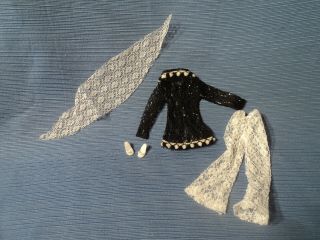 Vintage Barbie Clone Maddie Mod White Lace Pants Matching Scarf Black Lace Top