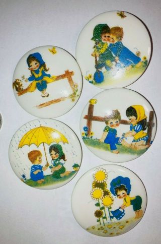 Set Of 5 Large Porcelain Buttons.  Children Umbrella Squirrel Sunflower