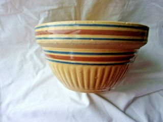 Antique Yellow Ware Pottery Blue And Brown Bands Mixing Bread Bowl 9.  5 Inch