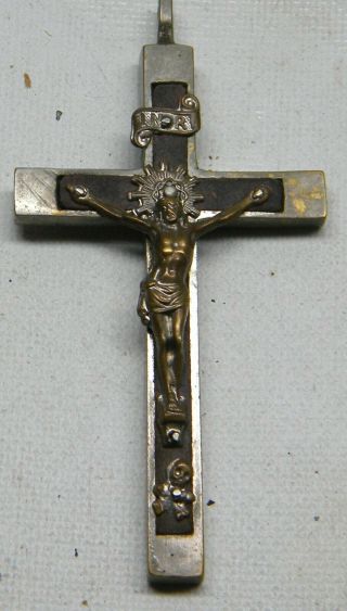 3 Inch Antique Pectoral Cross Crucifix Wood Inlay Brass Skull Crossbones Germany