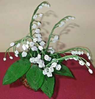 Beaded Flowers French Wired Lilly Of Valley Rare Bamboo Vase Leaves Bouquet Vtg