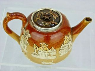 A Rare Doulton Lambeth Silver Rimmed Miniature Stoneware Teapot - 7cm Tall 2