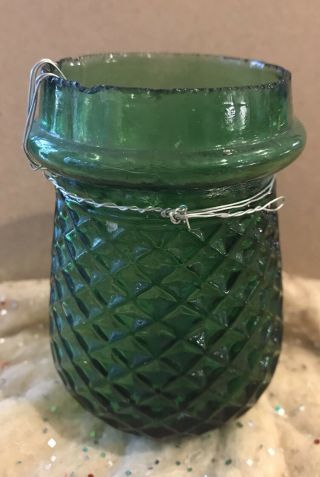 Antique Victorian Era Green Glass Quilted Fairy Lamp