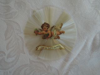Antique German Christmas Ornament,  Spun Glass Disc With Angel Die Cut