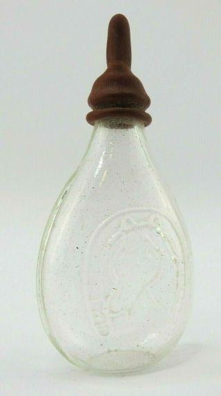 Vintage 3 " Baby Doll Glass Bottle Red Rubber Nipple Embossed Horse Japan