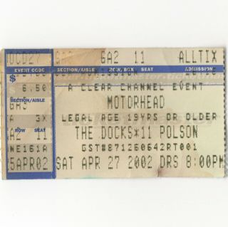 Motorhead & Voivod Concert Ticket Stub Toronto Canada 4/27/02 Hammered Tour Rare
