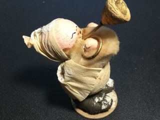 Antique Vtg French Santa Figure Paper Mache Spun Cotton Playing Horn Miniature