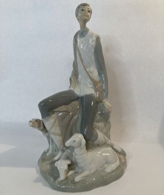 Rare Large Nao Figurine Boy With Dog & Sheep 10.  5 " Tall Lladro