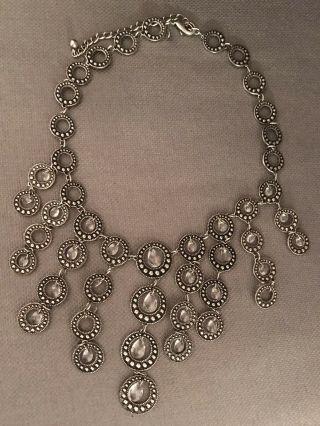 Chico’s Antiqued Silver Toned Drop Dangle Crystal Pendant Bib Statement Necklace
