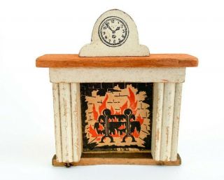 Vintage Wooden Dollhouse Fireplace And Retro Table Clock