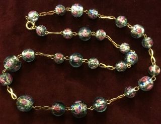 Rare Antique Art Deco Venetian Pink Roses Foil Glass Bead Necklace R G Wires
