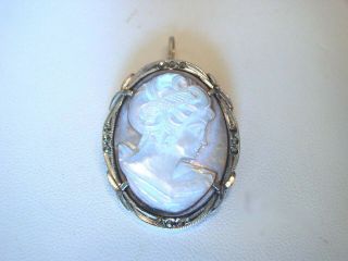 Antique 800 Silver Carved Mop Abalone Marcasite Cameo Brooch Pin Pendant