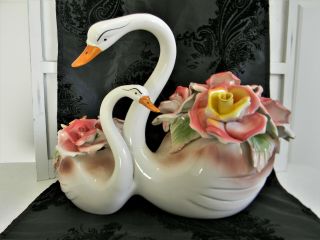 Rare Huge Porcelain Double Swans Capodimonte Centerpiece Loaded Roses Signed
