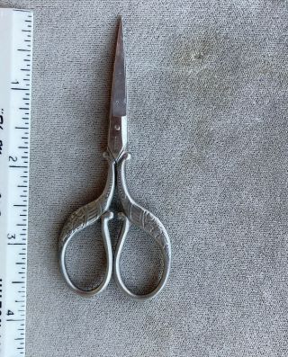 Antique Steel Sewing Scissors,  Flower Border,  Graceful,  C.  1920,  3 1/2 " Long