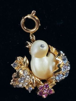 Vtg Rare Hard To Find Signed Nolan Miller Rhinestone Baby Chick Charm Gold Tone