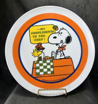 Vintage 1965 Snoopy Woodstock Melamine Kids Plate Orange Compliments Chef Rare